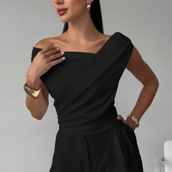 Elegant White Off-Shoulder Asymmetrical Neck Blouse